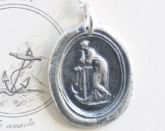 anchor necklace pendant - woman leaning on a large anchor wax seal necklace - faith leaning on hope - sterling silver wax seal jewelry