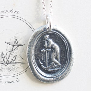 anchor necklace pendant - woman leaning on a large anchor wax seal necklace - faith leaning on hope - sterling silver wax seal jewelry