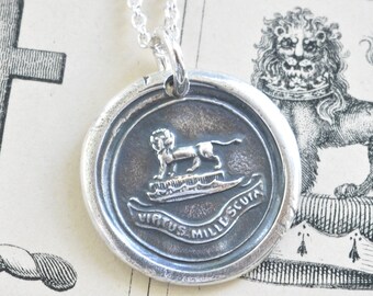 lion wax seal necklace - VIRTUS MILLE SCUTA - virtue is a thousand shields - Howard family crest - armorial wax seal jewelry
