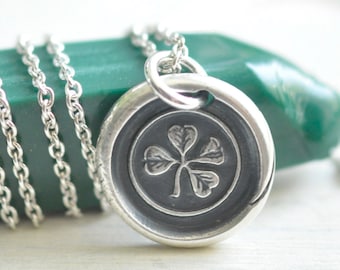 four leaf clover wax seal necklace - hope, faith, love and luck - sterling silver wax seal jewelry