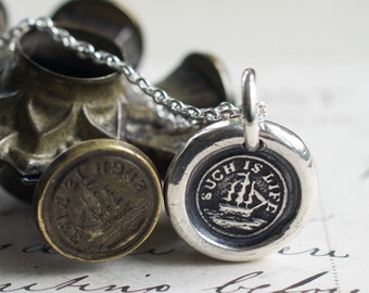 ship and compass wax seal necklace - such is life - reversible sterling silver nautical Victorian trinket wax seal jewelry