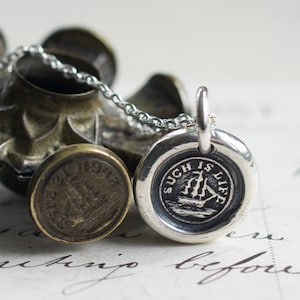 ship and compass wax seal necklace - such is life - reversible sterling silver nautical Victorian trinket wax seal jewelry