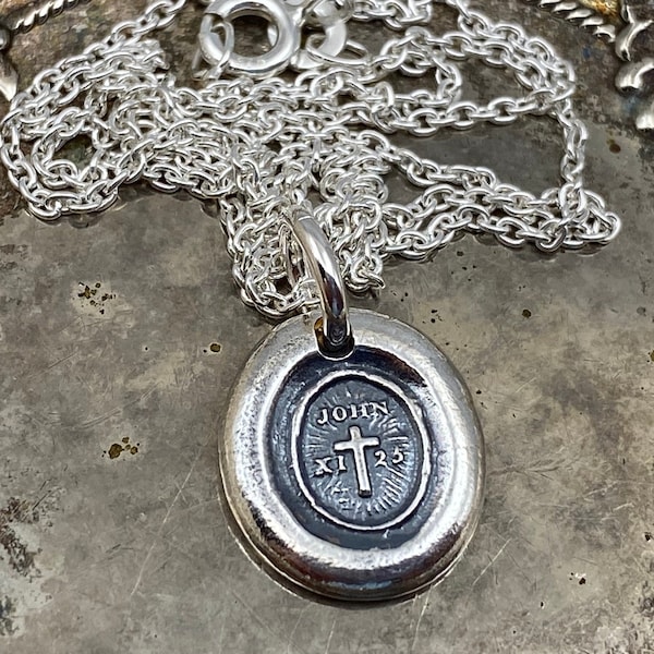 cross wax seal necklace - tiny cross pendant - religious sterling silver wax seal jewelry