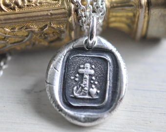 cross, anchor and heart wax seal necklace - faith, hope and charity - sterling silver religious wax seal jewelry