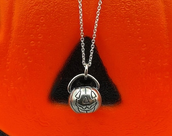 jack o'lantern pumpkin necklace pendant - pumpkin pail - sterling silver Halloween jewelry