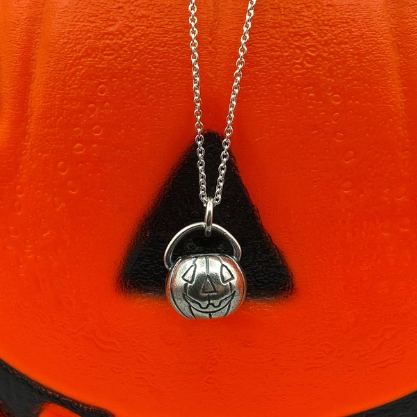 jack o'lantern pumpkin necklace pendant - pumpkin pail - sterling silver Halloween jewelry