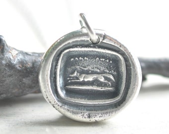 fox wax seal necklace pendant, a running hunting fox necklace, hark away - sterling silver wax seal jewelry