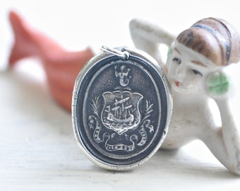 ship and mermaid wax seal necklace pendant - the guardian does not sleep - sterling silver wax seal jewelry