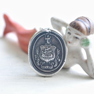 ship and mermaid wax seal necklace pendant - the guardian does not sleep - sterling silver wax seal jewelry