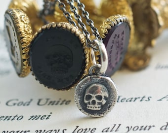 skull necklace - tiny skull wax seal necklace pendant - memento mori - sterling silver wax seal jewelry - whimsigoth jewelry
