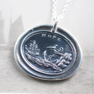 anchor and ship wax seal necklace pendant - HOPE - sterling silver wax seal jewelry