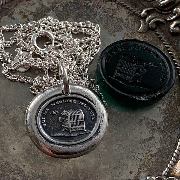 bird cage wax seal necklace - bird flying from cage pendant - neglect me, lose me - warning - sterling silver wax seal jewelry