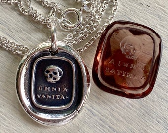 skull wax seal necklace pendant - omnia vanitas - all is vanity - sterling silver wax seal jewelry