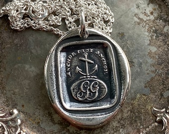 anchor wax seal necklace - anchor fast anchor - initials GG - Gray surname ~ Gray family - sterling silver antique Scottish wax seal jewelry