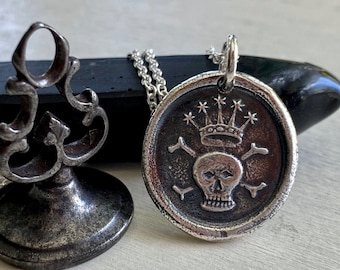 skull and crossbones wax seal necklace - crowned skull pendant - memento mori - sterling silver antique wax seal jewelry