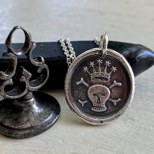 skull and crossbones wax seal necklace - crowned skull pendant - memento mori - sterling silver antique wax seal jewelry