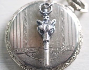 fox pendant - fox watch key necklace charm - antique watch key jewelry - sterling silver Victorian fox jewelry