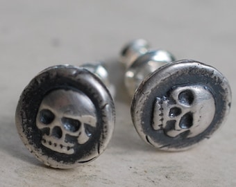 skull earrings - skull studs - skull wax seal earrings - memento mori - sterling silver antique wax seal jewelry