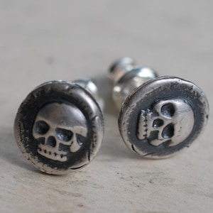 skull earrings - skull studs - skull wax seal earrings - memento mori - sterling silver antique wax seal jewelry
