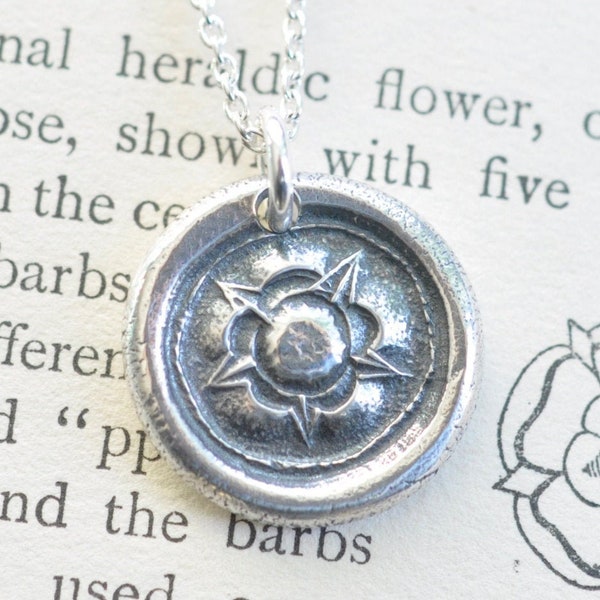 Tudor Rose wax seal necklace pendant - union rose - sterling silver post medieval wax seal jewelry