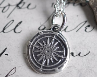 compass necklace pendant - small compass rose wax seal necklace - sterling silver nautical wax seal jewelry