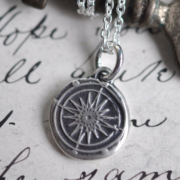 compass necklace pendant - small compass rose wax seal necklace - sterling silver nautical wax seal jewelry