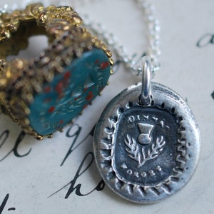 scottish thistle wax seal necklace - dinna forget - outlander jewelry - sterling silver antique wax seal jewelry
