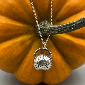jack o'lantern pumpkin necklace pendant - pumpkin pail - sterling silver Halloween jewelry image 2