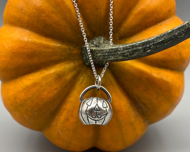 jack o'lantern pumpkin necklace pendant - pumpkin pail - sterling silver Halloween jewelry image 2