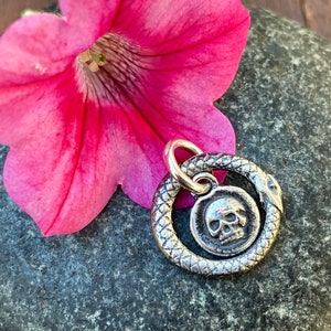 May include: A silver charm featuring a skull inside a snake circle. The charm is on a grey stone background with a pink flower.