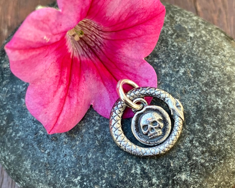May include: A silver charm featuring a skull inside a snake circle. The charm is on a grey stone background with a pink flower.