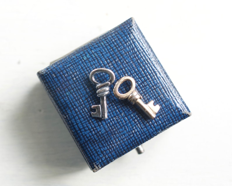 May include: Two silver-colored key charms rest on a textured, dark blue box. The keys have detailed designs, and the box has a square shape. The background is a bright white surface.
