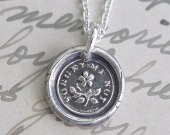 forget me not wax seal necklace - flower necklace pendant - remembrance jewelry - sterling silver wax seal jewelry