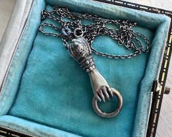 Victorian hand holding charm holder ring necklace pendant - hand jewelry
