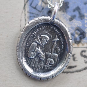 St. Francis wax seal necklace patron saint for ecologists Saint Francis of Assisimedal pendant sterling silver wax seal jewelry image 1