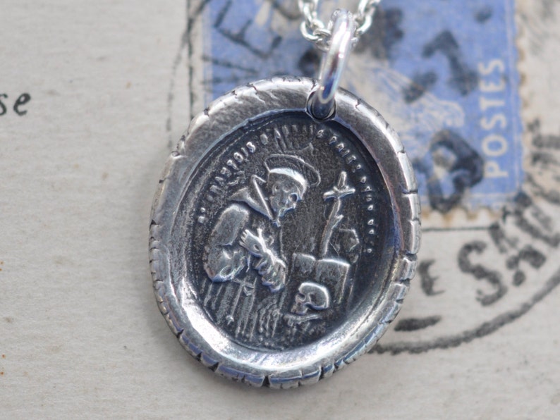 St. Francis wax seal necklace patron saint for ecologists Saint Francis of Assisimedal pendant sterling silver wax seal jewelry image 1