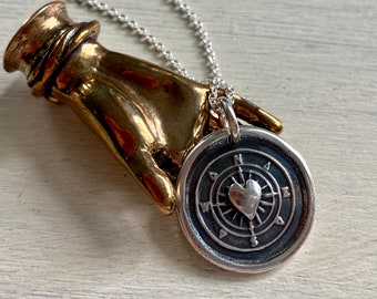 follow your heart compass wax seal necklace - meaningful altered art wax seal jewelry