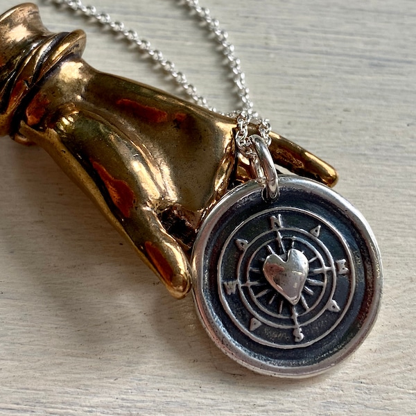 follow your heart compass wax seal necklace - meaningful altered art wax seal jewelry