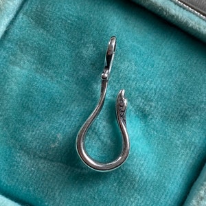 May include: A silver snake-shaped hook charm with a loop at the top. The hook is in a turquoise velvet box.
