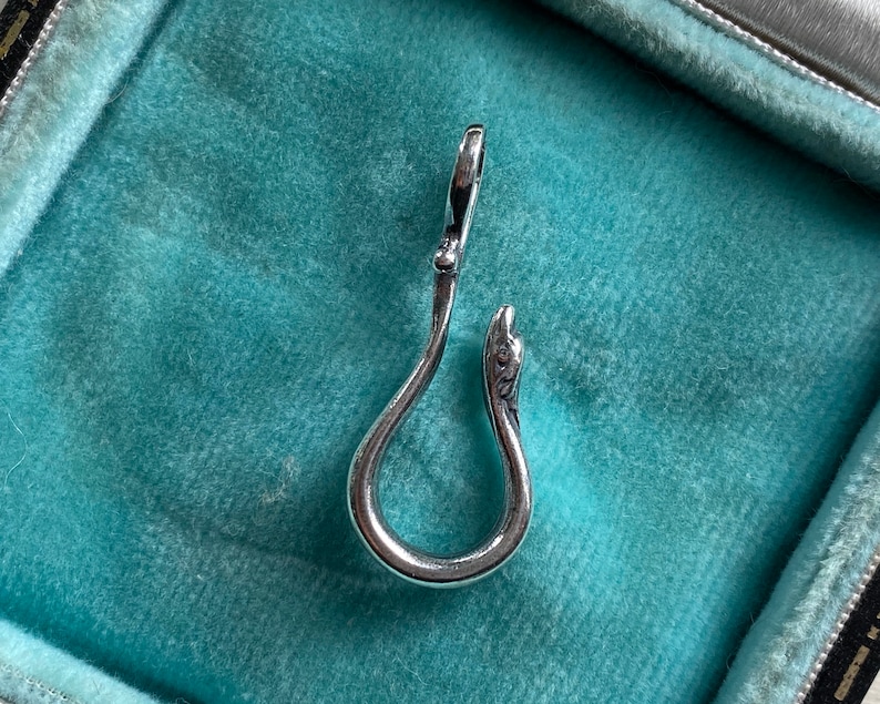 May include: A silver snake-shaped hook charm with a loop at the top. The hook is in a turquoise velvet box.