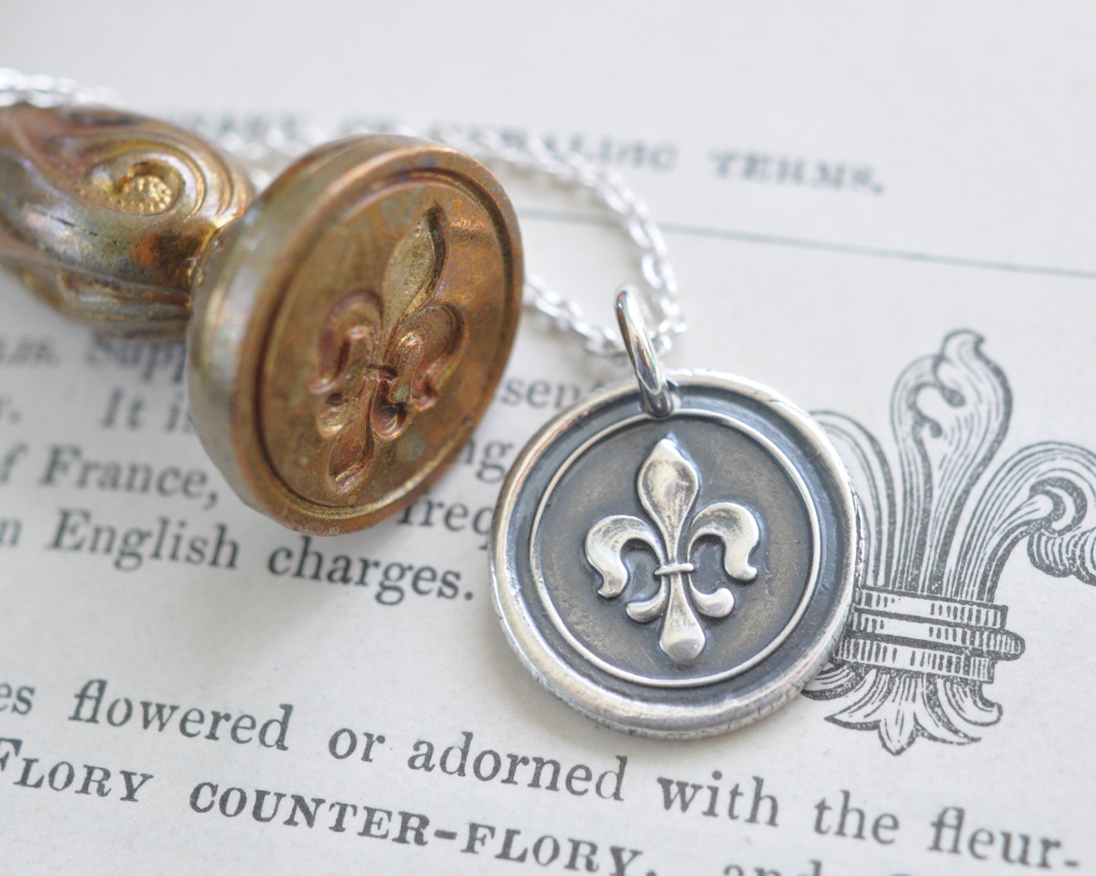 Fleur De Lis Wax Seal Necklace Sterling Silver Fleur De
