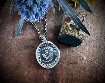 scottish thistle wax seal necklace - dinna forget - outlander jewelry - sterling silver antique wax seal jewelry