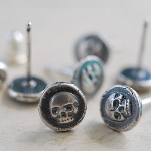 skull earrings skull studs skull wax seal earrings memento mori sterling silver antique wax seal jewelry image 2