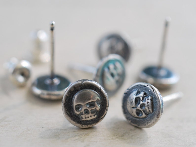 skull earrings skull studs skull wax seal earrings memento mori sterling silver antique wax seal jewelry image 2