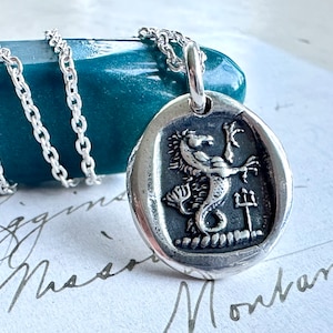 seahorse wax seal necklace - Hippocampus pendant - sterling silver wax seal jewelry