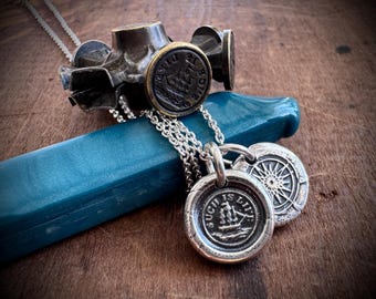 ship and compass wax seal necklace - such is life - reversible sterling silver nautical Victorian trinket wax seal jewelry