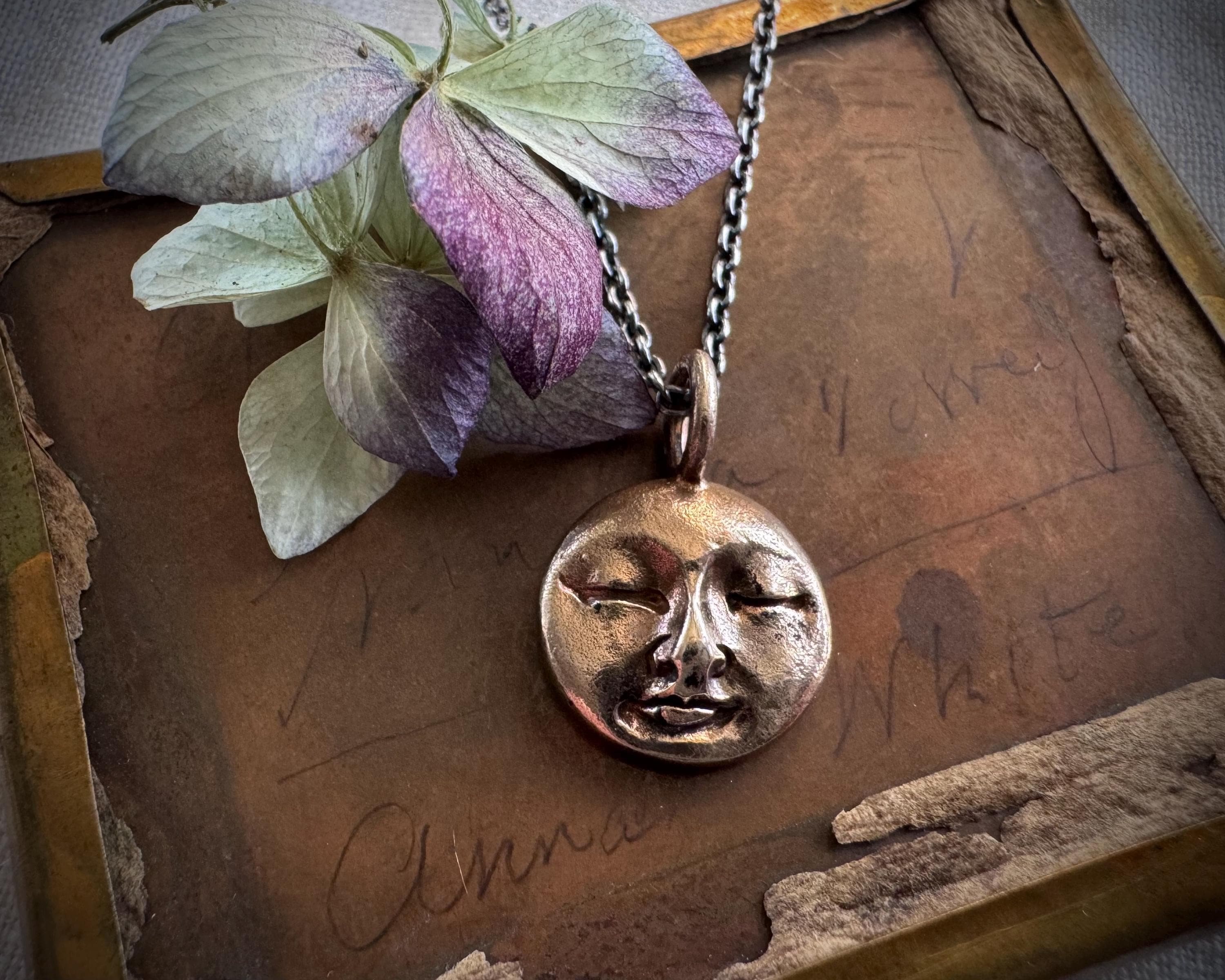 full moon necklace pendant - bronze sleepy man in the moon jewelry