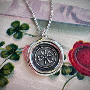 four leaf clover wax seal necklace - hope, faith, love and luck - lucky sterling silver wax seal jewelry