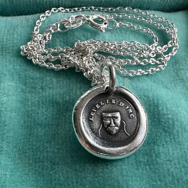 Greek tragedy mask wax seal necklace pendant - levez le donc - remove your mask - sterling silver wax seal jewelry