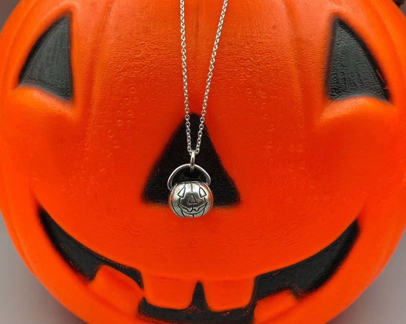jack o'lantern pumpkin necklace pendant - pumpkin pail - sterling silver Halloween jewelry image 1